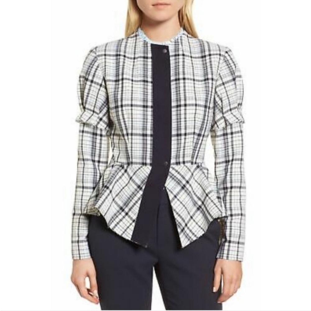 NWOT Lewit Plaid Peplum Lady Jacket Virgin Wool & Mohair Size Small
